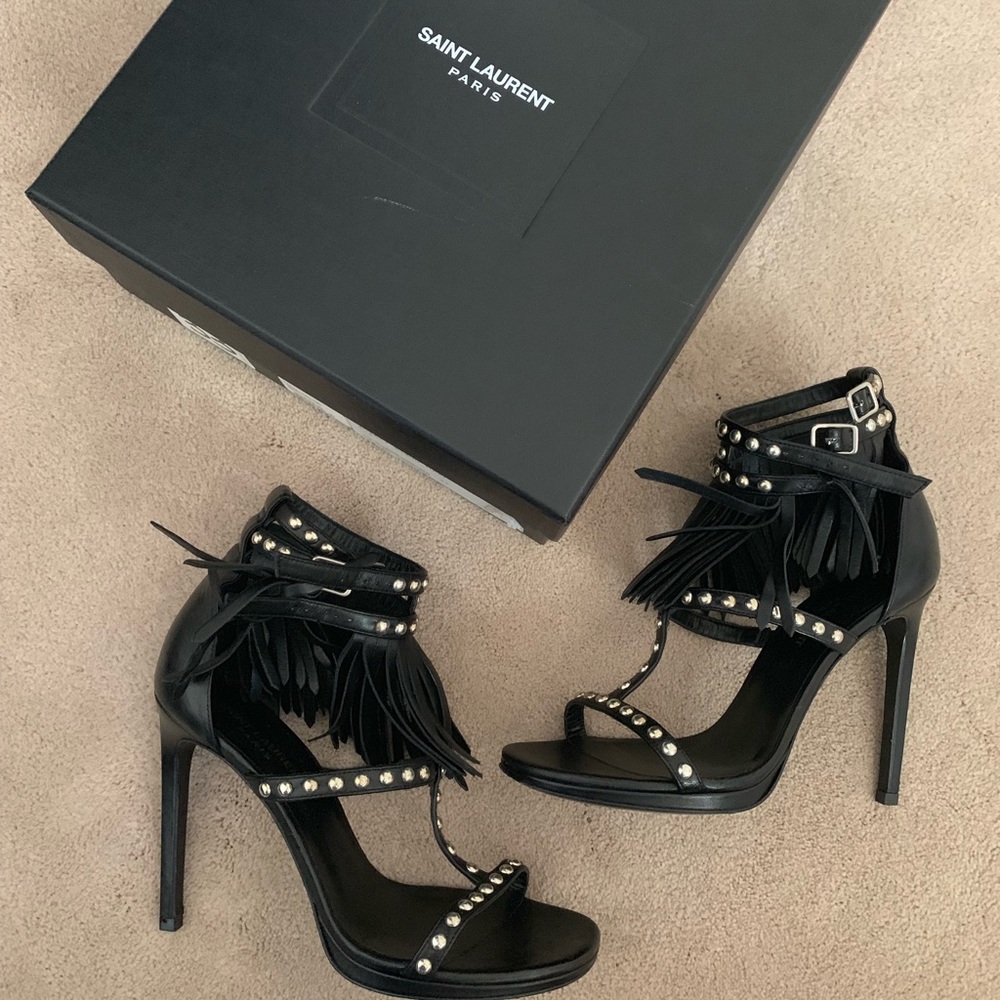 YSL Nappa sandals with fringe/silver studs